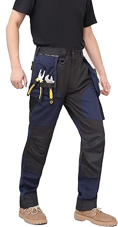 WORK IDEA Men's Work Trousers, Trousers with Multifunctional Pockets, Trousers with Removable Flight Pockets, Oxford Knee Pockets, Cotton Stretch Trousers