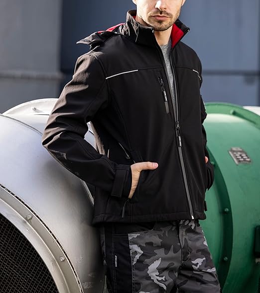 WORK IDEA Softshell Jacket Men's Waterproof Breathable with Removable Hoodie, Cycling Jacket, Rain Jacket, Work Jacket, Outdoor Hiking