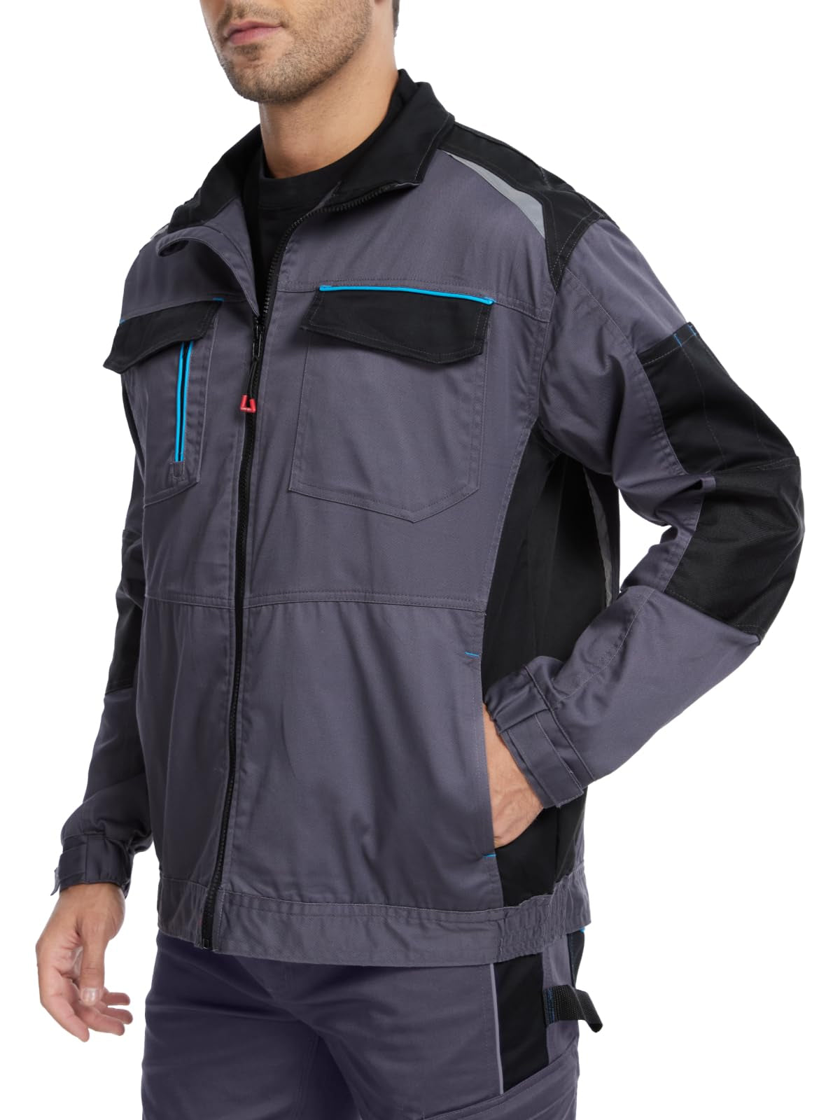 WORK IDEA Men's Work Jacket with Contrasting Reflective Stripes - Modern Design with Zip and Buttons