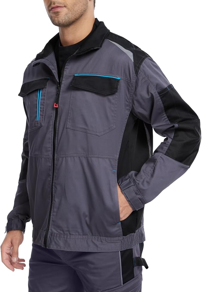 WORK IDEA Men's Work Jacket with Contrasting Reflective Stripes - Modern Design with Zip and Buttons