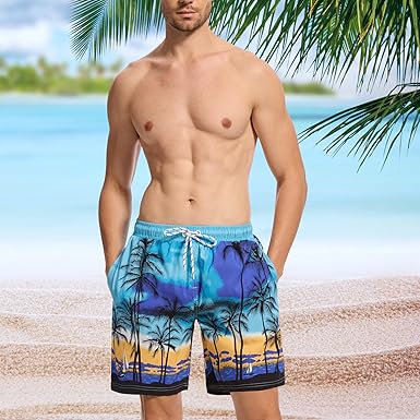 WORK IDEA Men's Quick-Drying Swimming Trunks with Print 100% Polyester - Summer Beach Board Shorts
