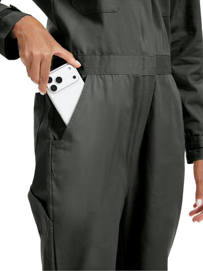 OVERALLS DE MUJER WORK IDEA DE MANGA LARGA - Mono de trabajo 100% algodón con espalda de acción y bolsillos utilitarios con gancho