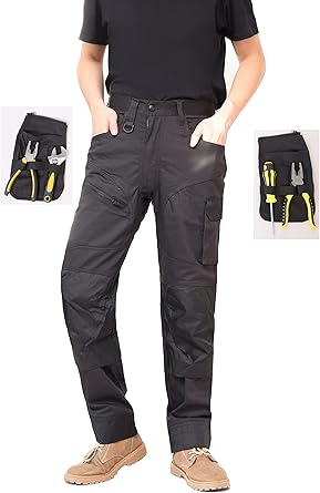 WORK IDEA Men's Work Trousers, Trousers with Multifunctional Pockets, Trousers with Removable Flight Pockets, Oxford Knee Pockets, Cotton Stretch Trousers