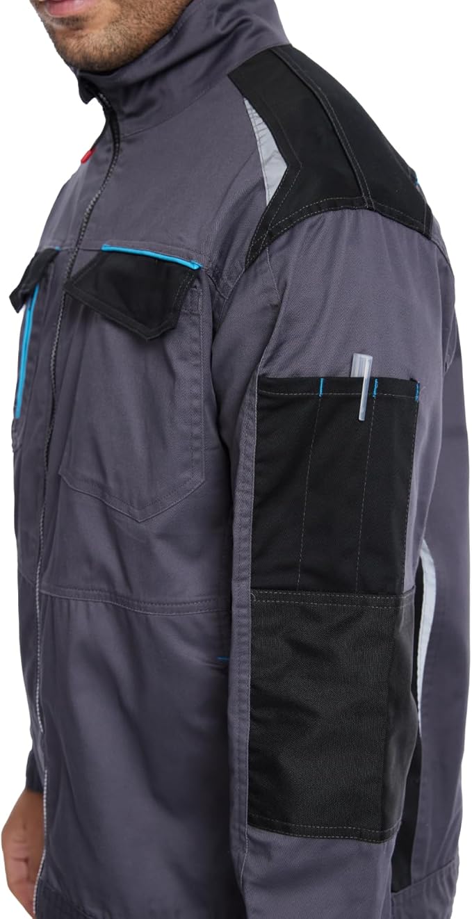 WORK IDEA Men's Work Jacket with Contrasting Reflective Stripes - Modern Design with Zip and Buttons