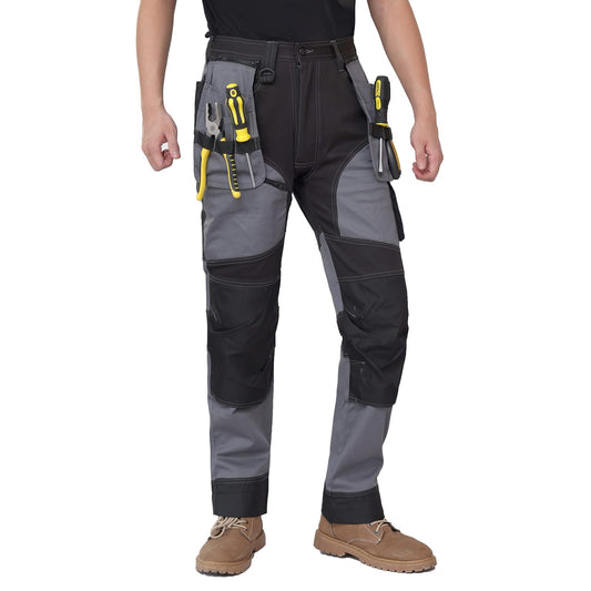 WORK IDEA Men's Work Trousers, Trousers with Multifunctional Pockets, Trousers with Removable Flight Pockets, Oxford Knee Pockets, Cotton Stretch Trousers