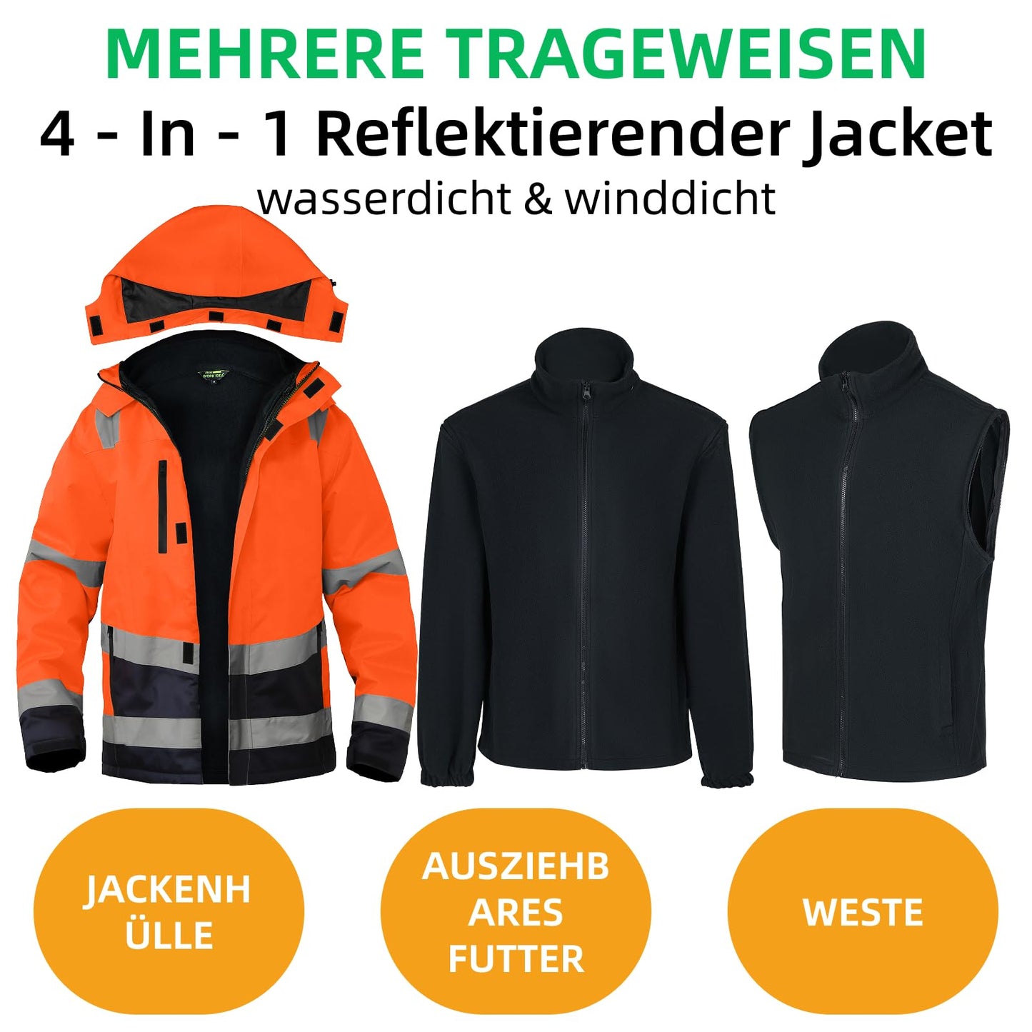 WORK IDEA Versatile 3-in-1 Work Jacket with Reflectors - Waterproof, Windproof, Breathable - Ideal Winter Work Wear and Hi-Vis Jacket for All Seasons